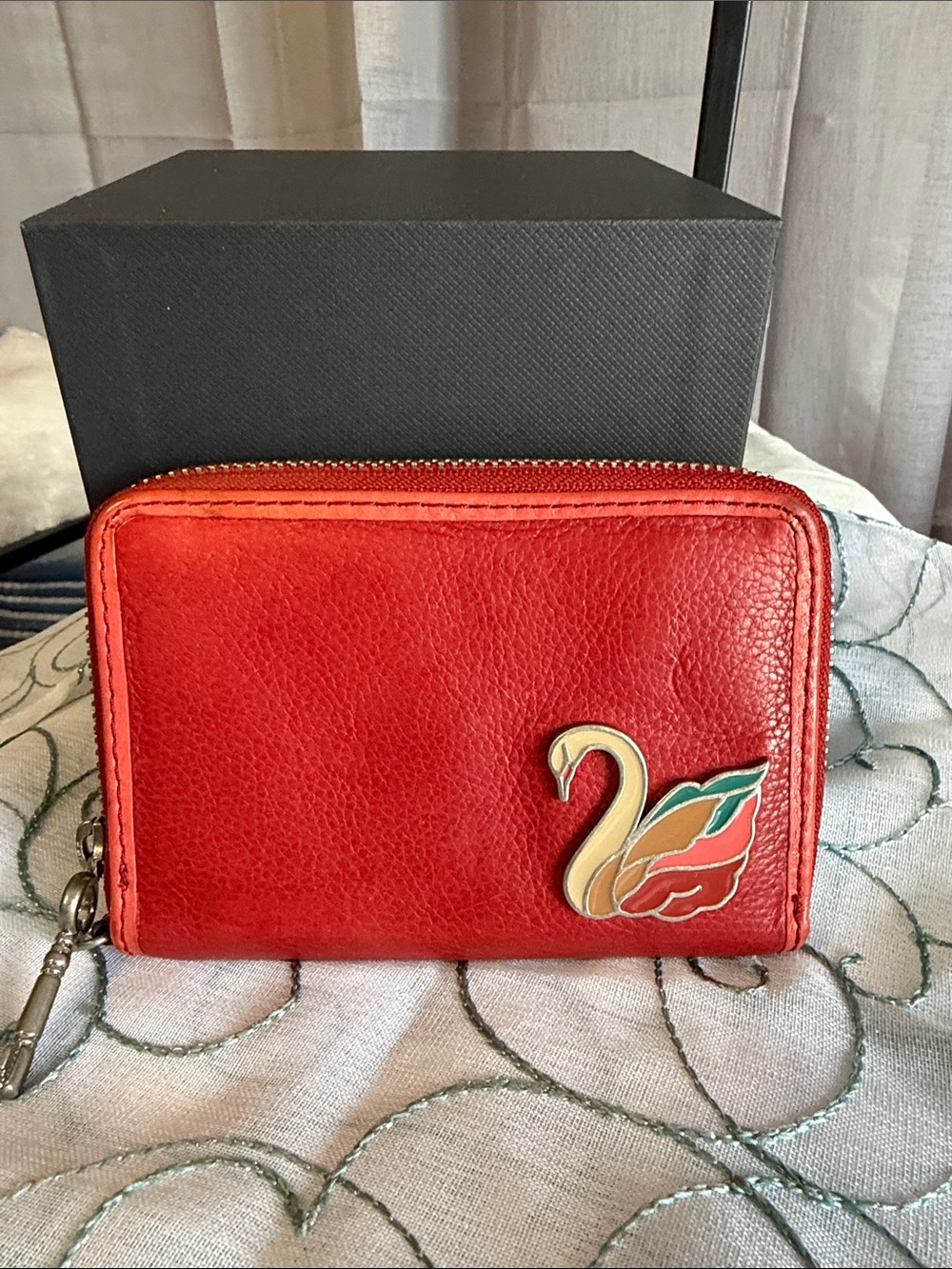 Fossil Red Leather Zip Wallet with Enamel Swan Accent